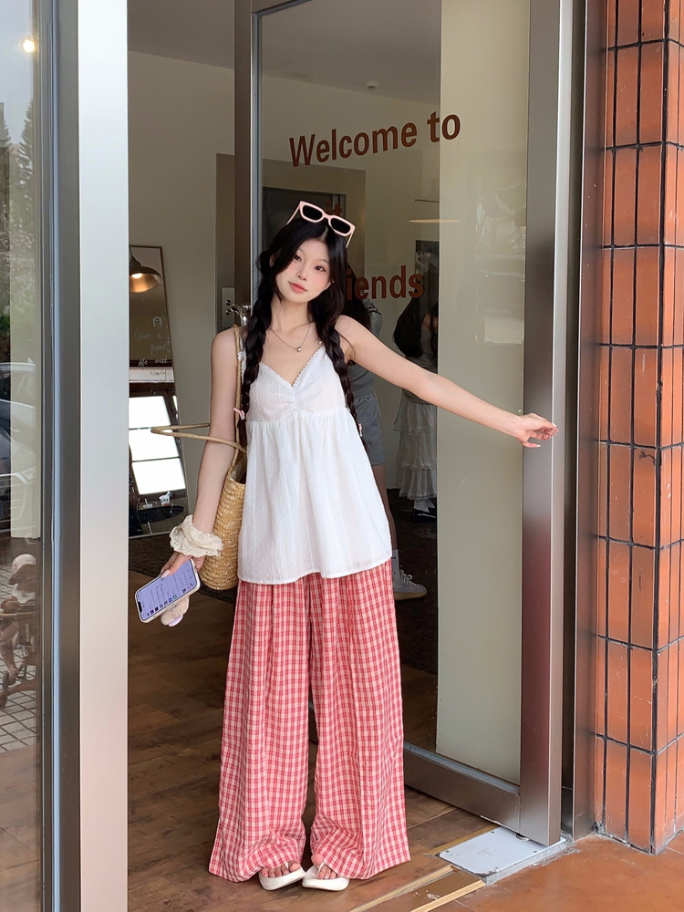 New product real shot, sweet lace sleeveless suspender loose vest summer retro versatile straight plaid pants