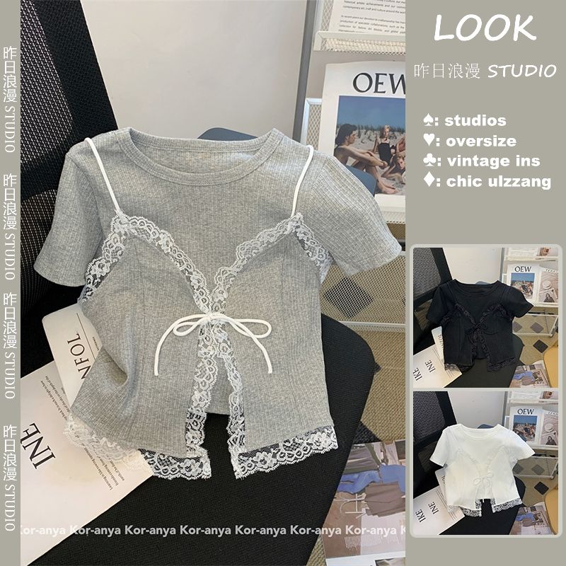 Pure lace splicing strap suspender vest for women 2025 summer new front shoulder short-sleeved T-shirt layered two-piece set