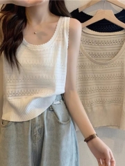 法式U領鏤空針織白色吊帶女薄款外穿上衣夏季設計感冰絲鈎花背心