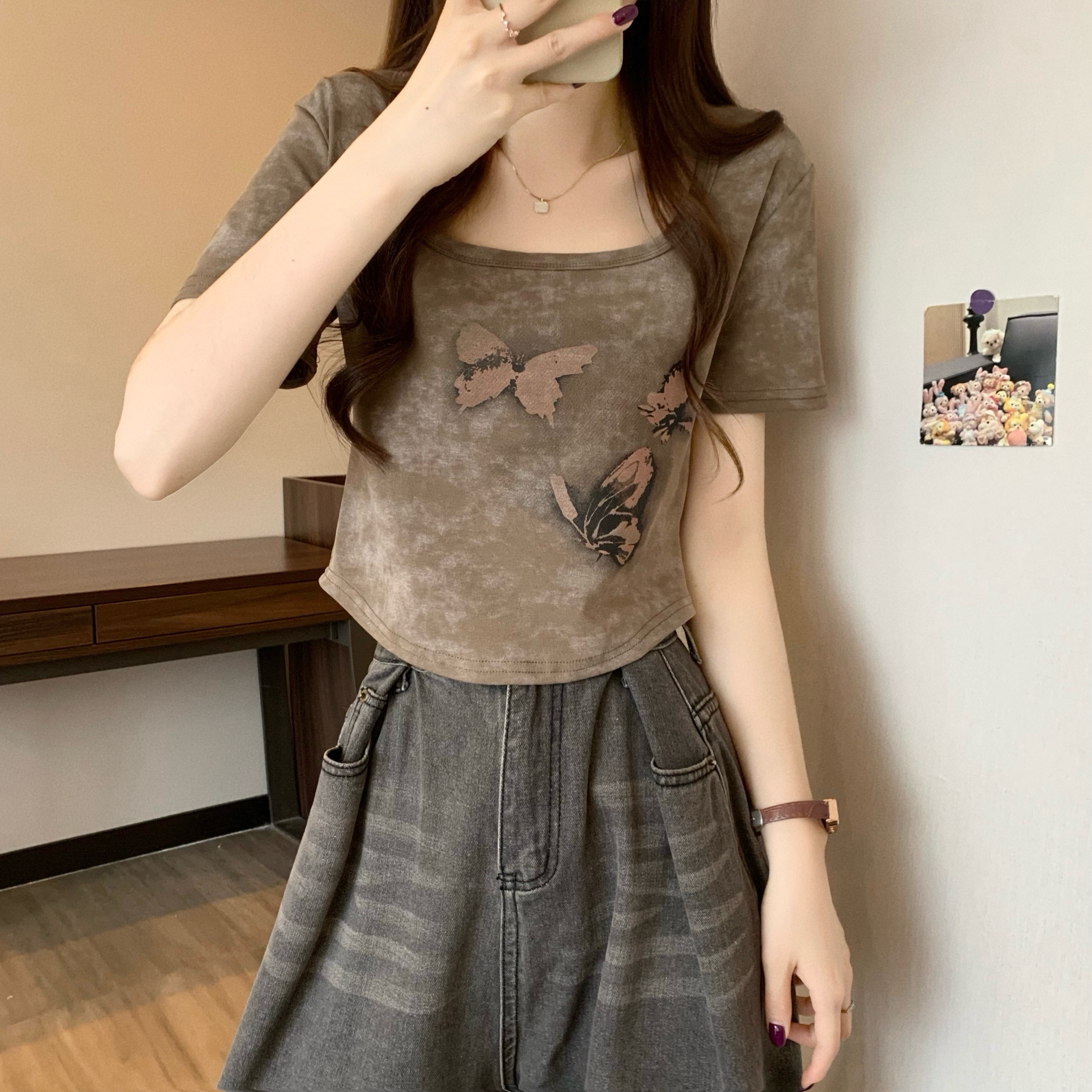 Real shot, new Korean style design, tie-dye slim butterfly short sleeve short T-shirt