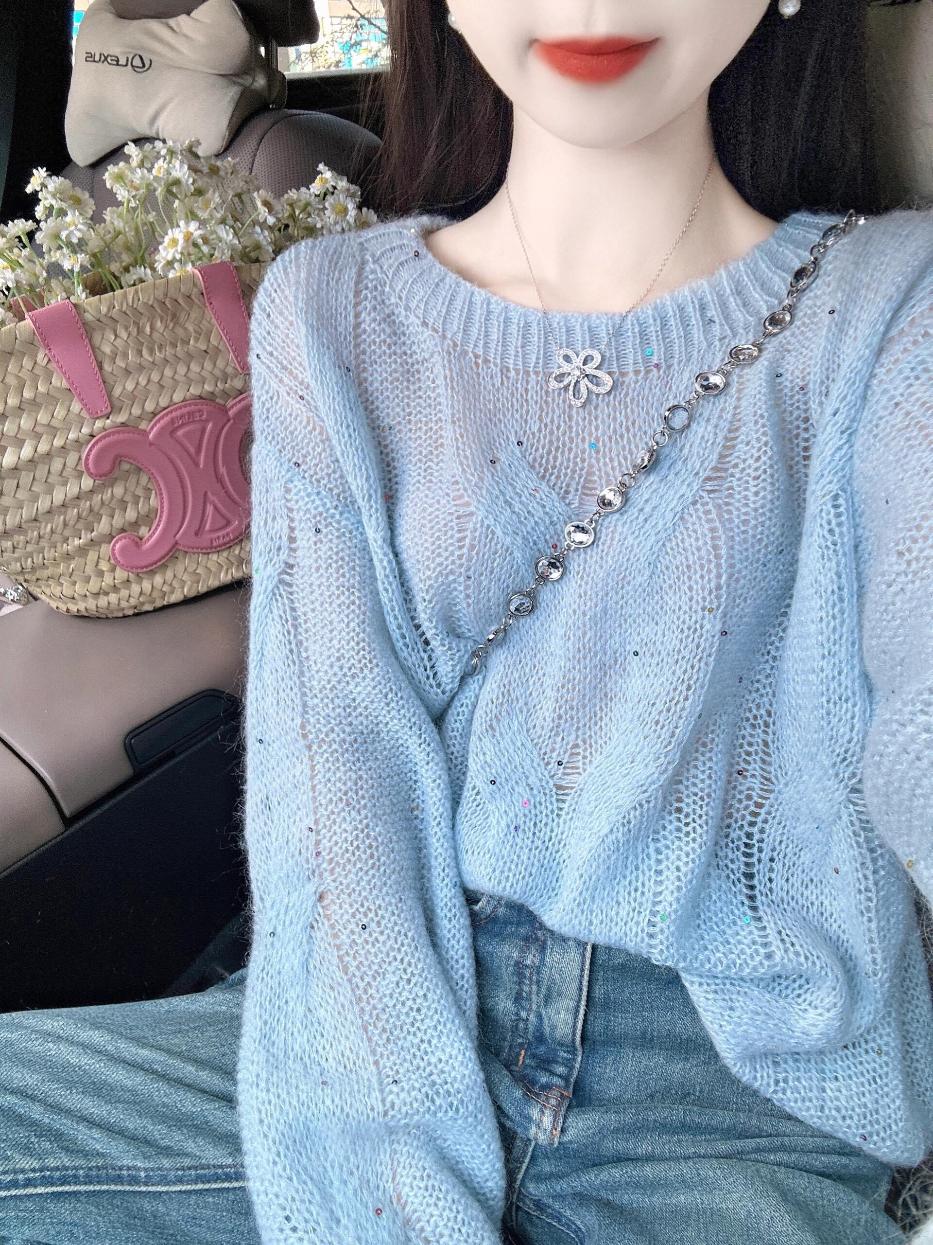 Mela Blue Hollow Long Sleeve Mohair Sweater Knitted Women's 2025 New Spring Frosty High-end Top