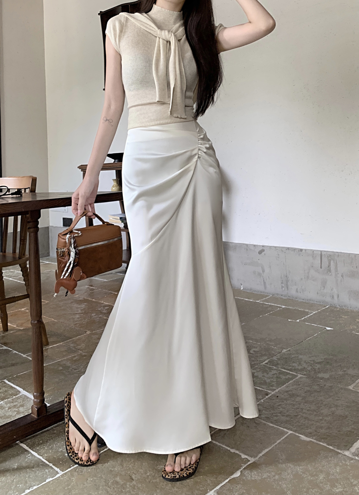 Real shot, high waist design pleated French fashion hip-covered skirt, acetate versatile A-line skirt