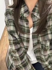 New spring Korean lazy style green plaid shirt for women versatile casual shirt loose slim long-sleeved top