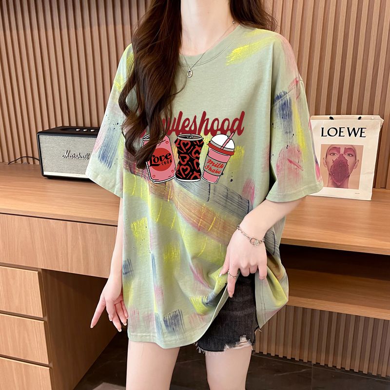 實拍首發100%純棉/後包領寬鬆T恤女小清新洋氣塗鴉中長款上衣潮