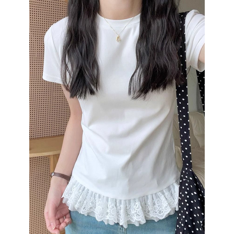 Korean pure cotton rib design niche lace short-sleeved T-shirt for women in summer slim fit inner splicing top