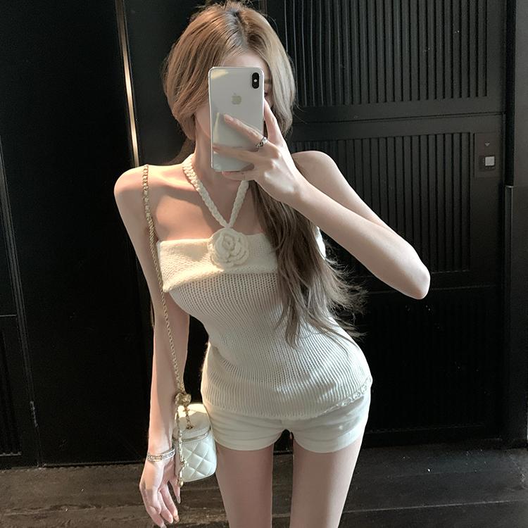 Miss titi white camellia event tube top spring pure desire neck flower white slim knitted top