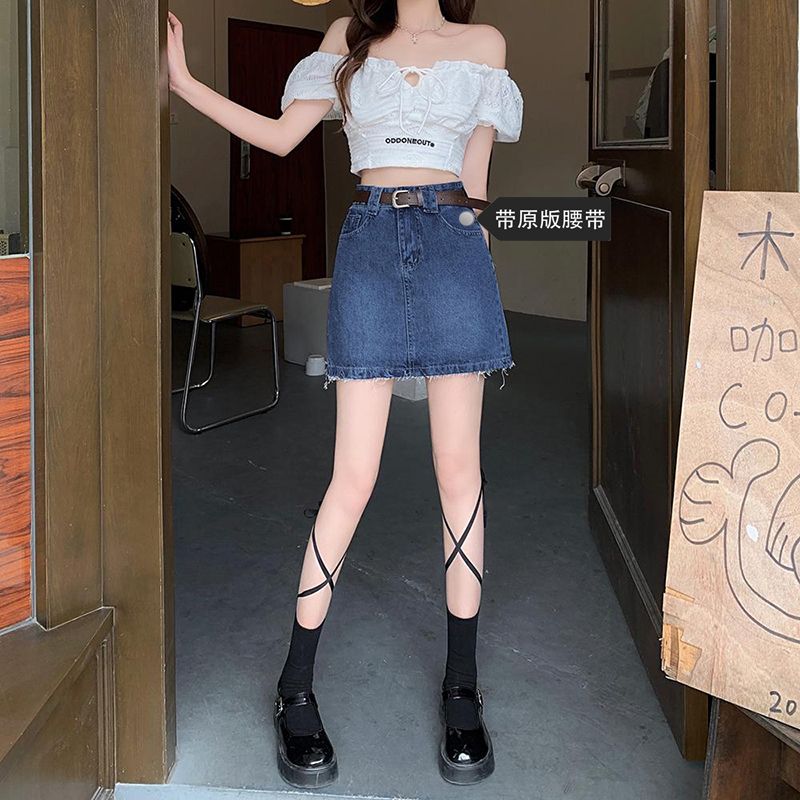 Hong Kong style commuting cute denim short skirt spring and summer new high-waisted slim and tall skirt A-line denim skirt trendy