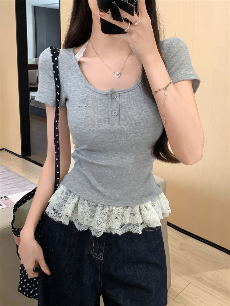 Real shot, real, pure and fake two-piece spliced ​​halter neck short-sleeved T-shirt lace pleated waist-retracted body slim