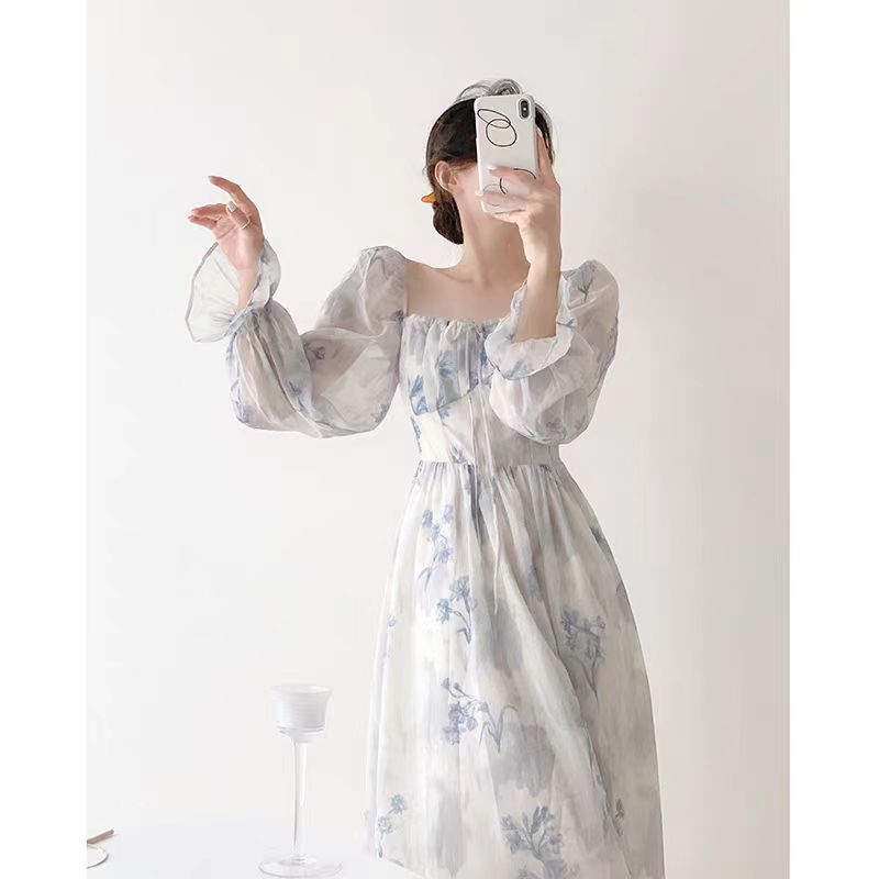Spring floral skirt 2025 new square collar gentle temperament fairy floral print dress high-end long-sleeved skirt