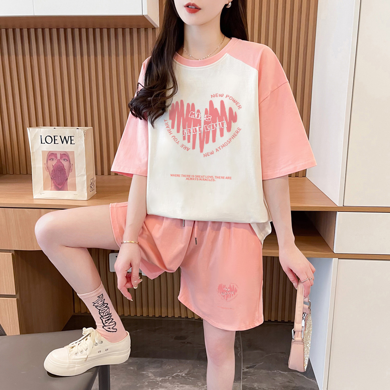 Real shot 32-count pure cotton double yarn 320 grams 2025 summer sports short-sleeved T-shirt shorts set women's two-piece set 