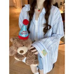 非實拍 條紋polo領藍色襯衫外套寬鬆休閒襯衣中長款防曬上衣