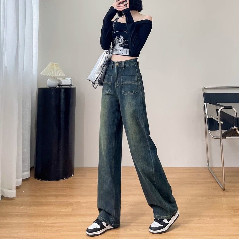 Retro straight jeans for women in spring and autumn design pocket narrow version wide-leg pants high waist loose draped floor pants