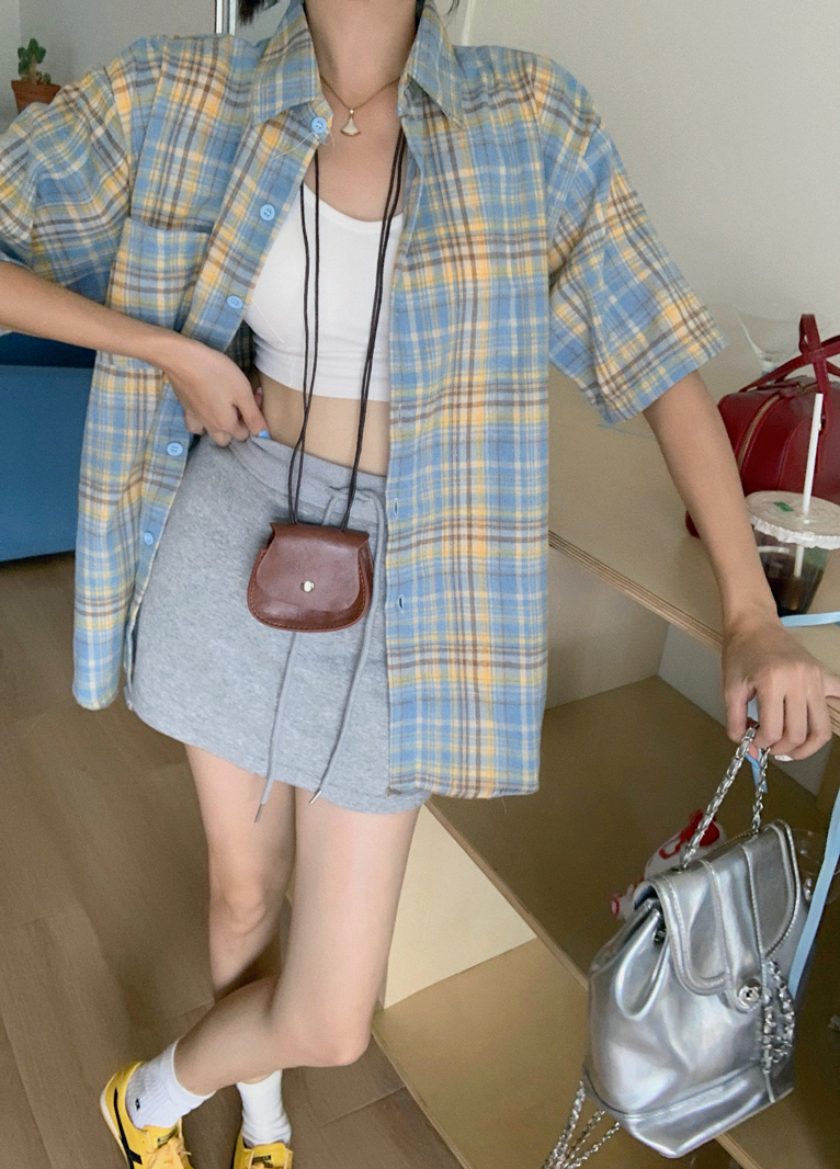 Real photo of summer American retro checkered shirt new style furnished casual loose couple half-sleeved Polo collar top