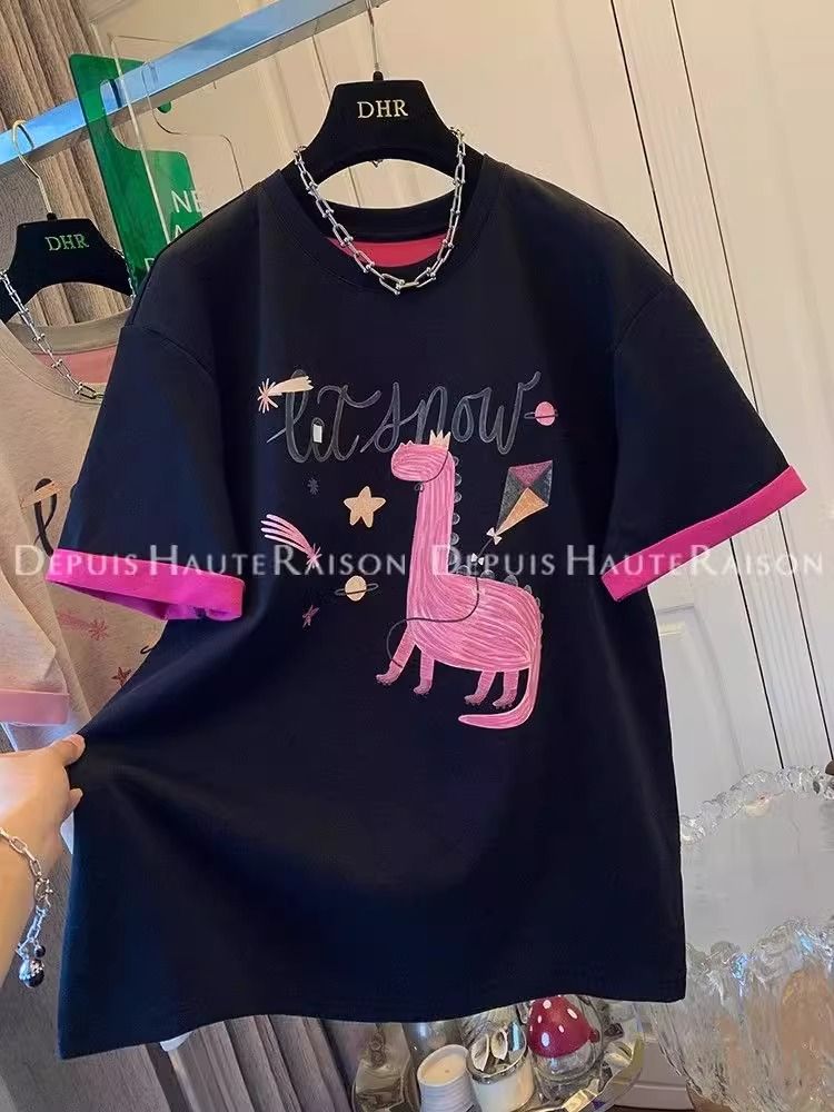 Print + original fabric extra large size 240 catties European contrast dinosaur casual short-sleeved T-shirt for women