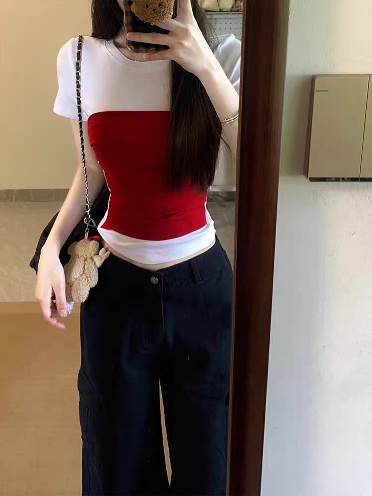Korean chic pure cotton fake two-piece spliced ​​shoulder short-sleeved T-shirt for women in summer short slim fit round neck top