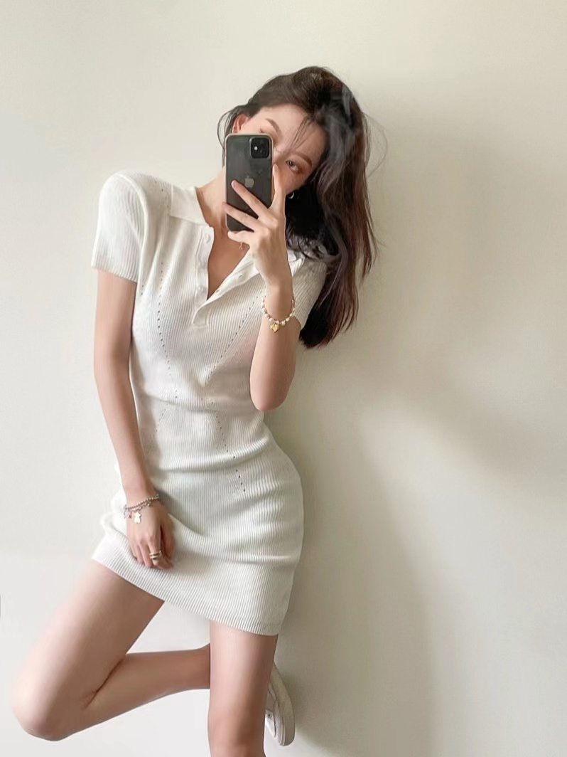 French polo collar tennis golf style sports and casual knitted short-sleeved skirt 2025 summer slim hollow skirt