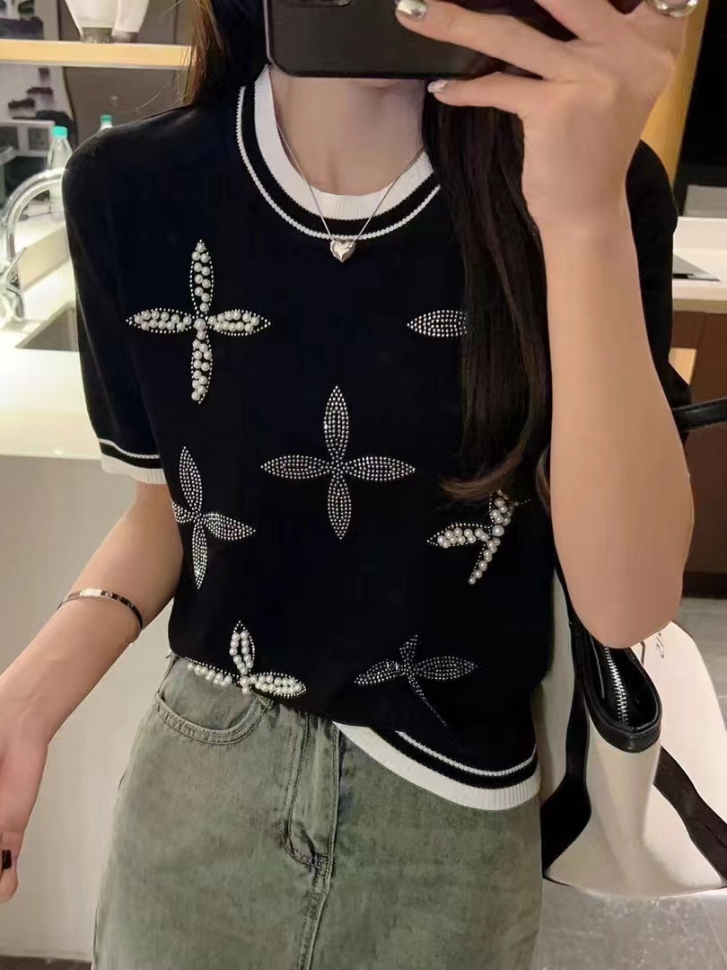 Summer Quzhu Ice Silk Short-sleeved Sweater T-shirt for Women New Heavy Industry Nail Beads Inlay Diamond Casual Loose Half-sleeved
