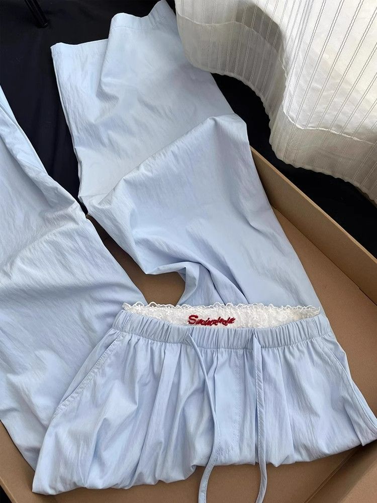 Korean version of blue high-waisted slim casual pants for women in summer small loose wide-leg versatile straight walk pants spring and autumn