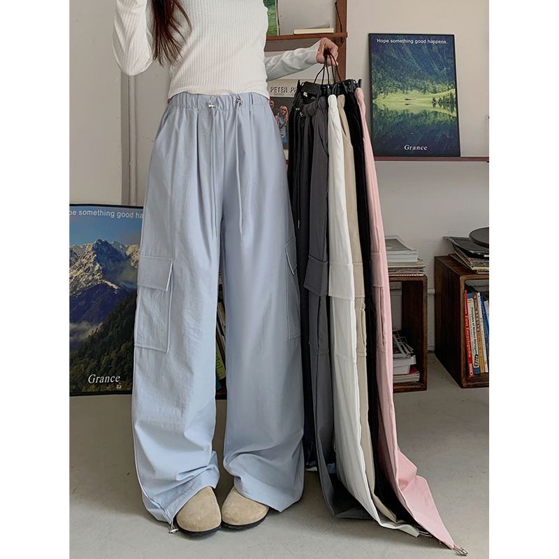 Real shot! 2025 new personalized work pants for women's elastic waist drawstring tie feet straight-leg casual loose wide-leg pants