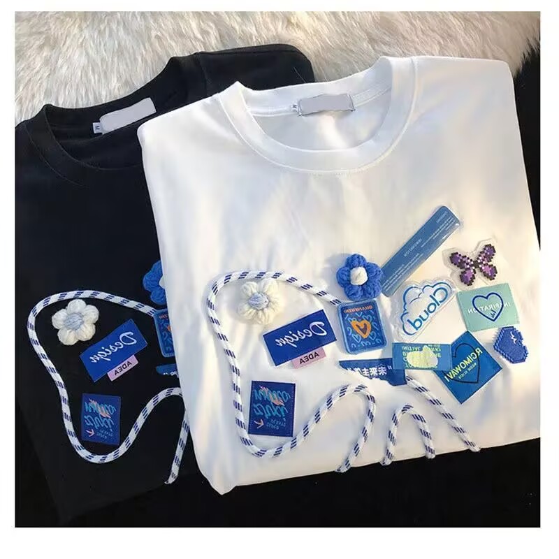 Salt-based niche design bow printed summer short-sleeved T-shirt for female students loose versatile sweet style ins top
