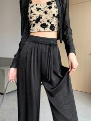 黑色新中式國風褲子女2025新款夏薄款絲滑醋酸緞面垂感提花闊腿褲