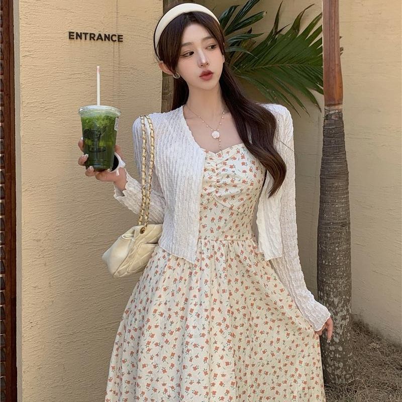 Korean French floral suspender skirt suit summer new style sweet mid-length dress gentle women's clothing