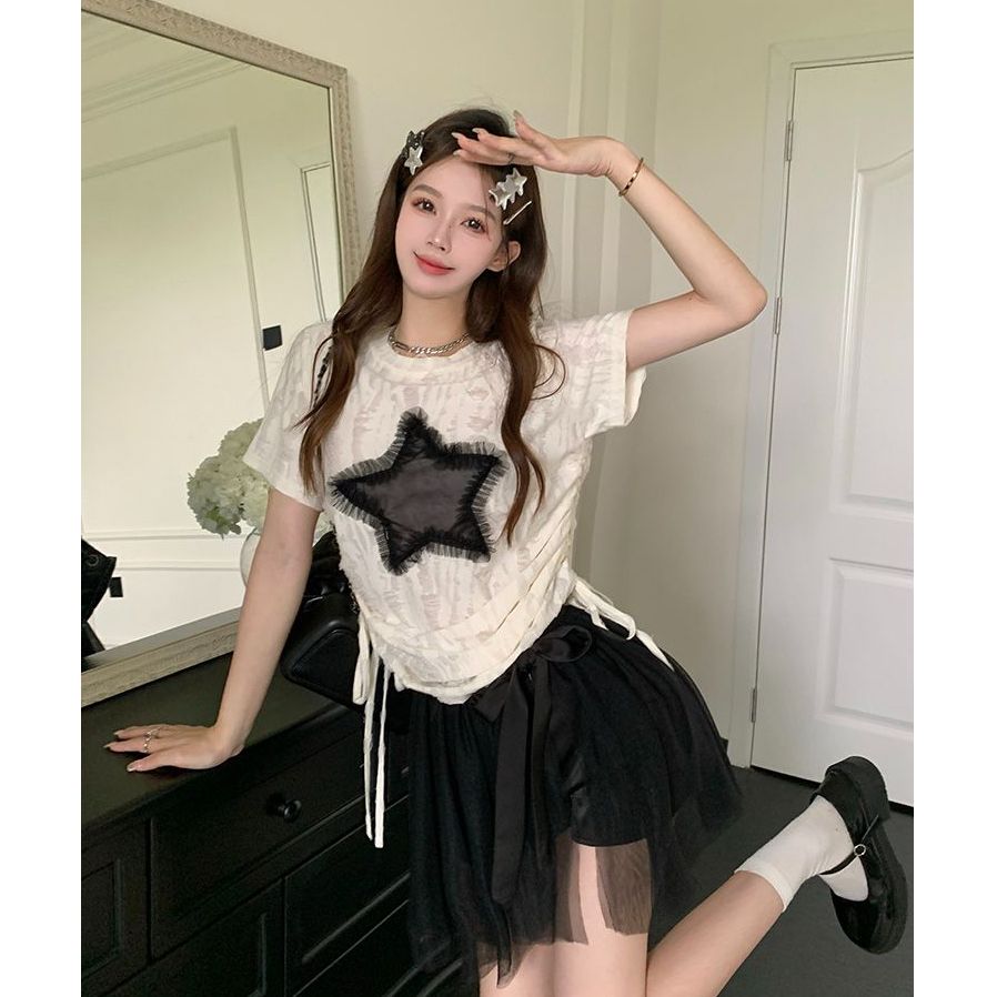 Original ripped cloth drawstring star short-sleeved T-shirt for women in autumn American hottie style top trendy