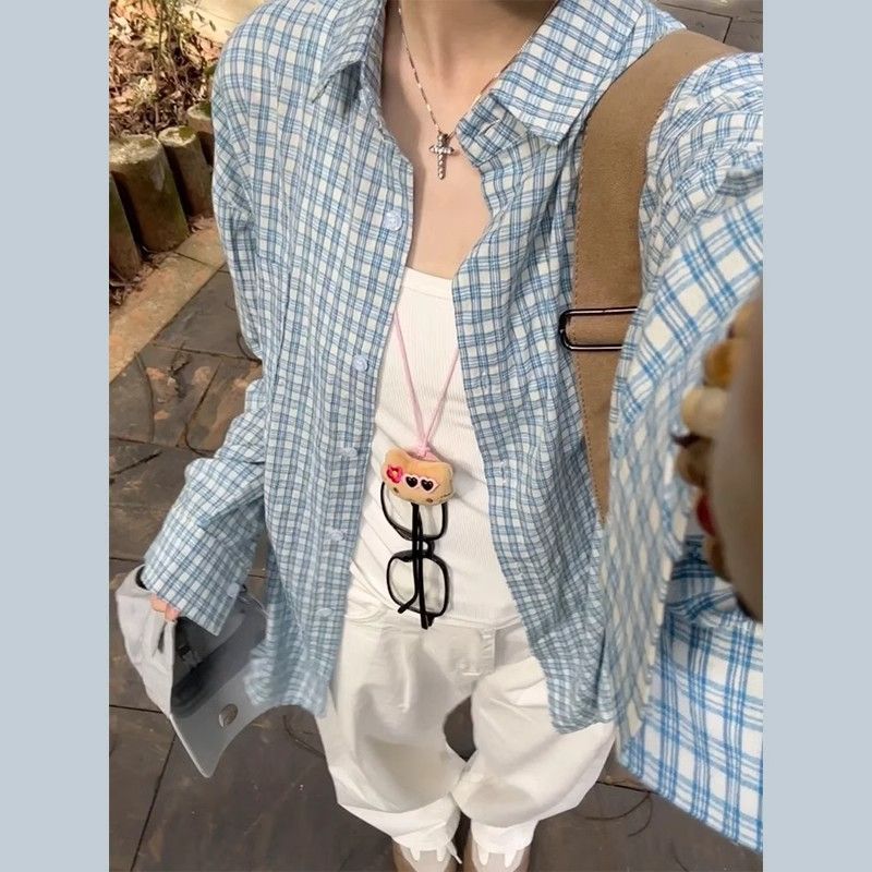 非實拍 美式藍色格子襯衫新款寬鬆防曬休閒開衫外套襯衣上衣