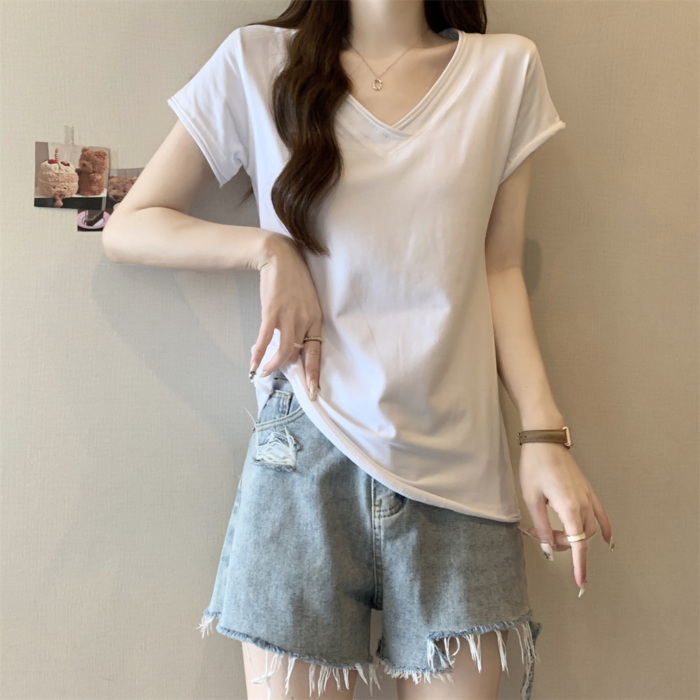220g pure cotton 100% cotton solid color short-sleeved T-shirt for women V-neck