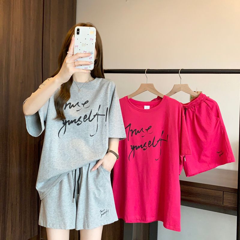 Real photo pure cotton sports suit for women in summer loose large-size shorts shorts student Korean style fashion casual two-piece set