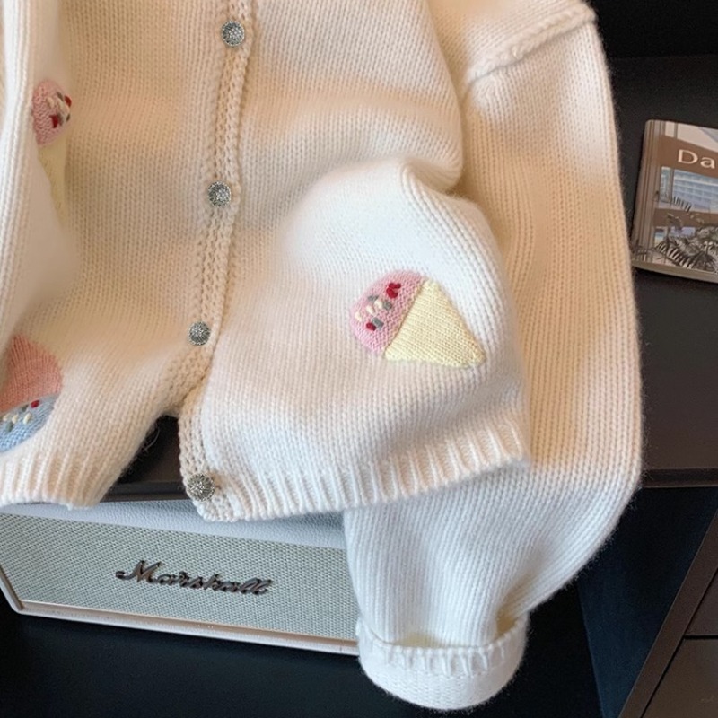 Design-sensual cute ice cream embroidered knitted cardigan for women's autumn new age-reducing small casual short sweater