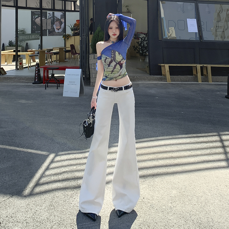 25th ootd!｜辣妹白色低腰微喇牛仔褲春夏新款修身彈力直筒喇叭褲