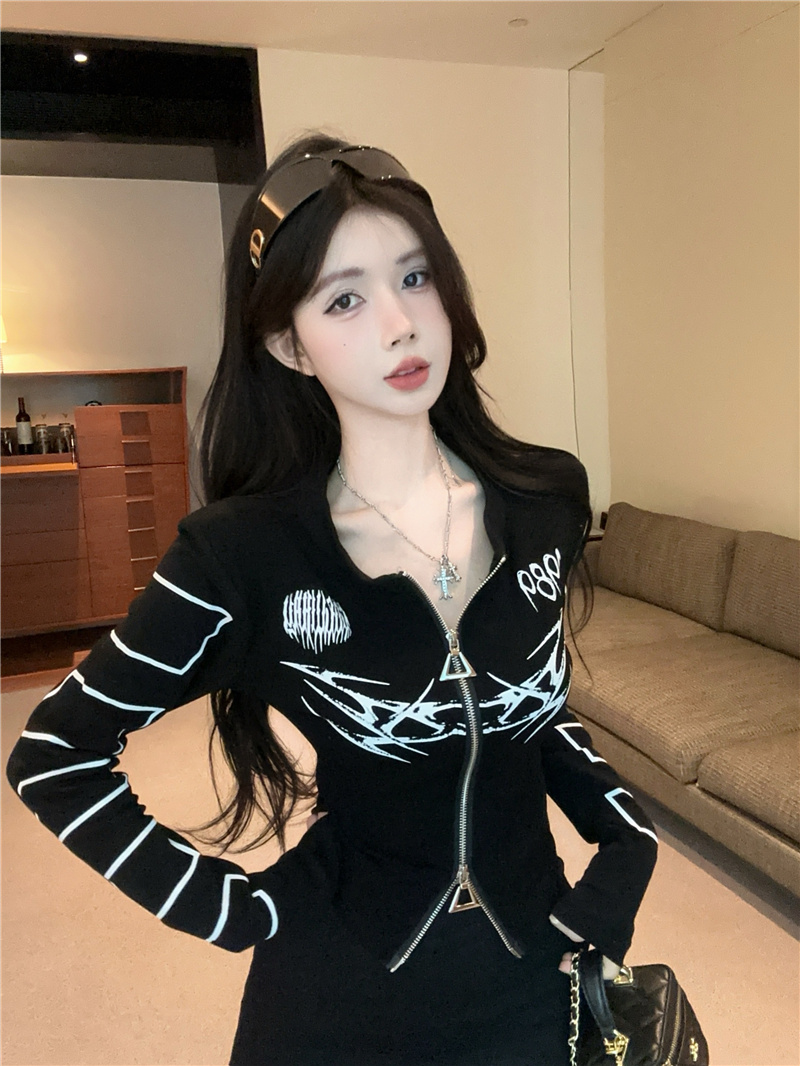 實拍~設計感立領雙拉鏈短外套2025新款辣妹修身顯瘦印花開衫