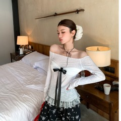 Snowflakes and cool cotton hot girl one-shoulder strap sunscreen long-sleeved T-shirt for women's spring thin lace-edged top