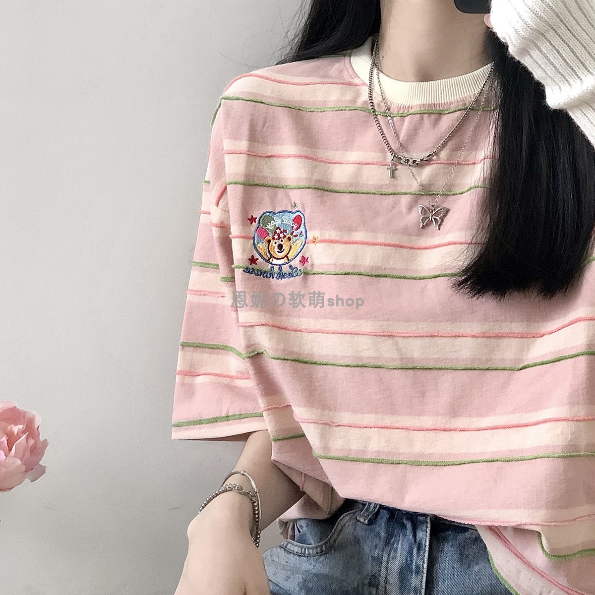 Korean chic pure cotton striped bear embroidery splicing cute short-sleeved T-shirt women's loose top trendy summer new style