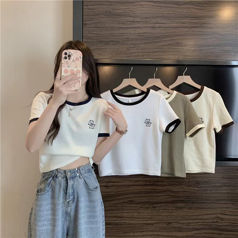 Real shot 6535 cotton waffle contrast color front shoulder short-sleeved T-shirt for women