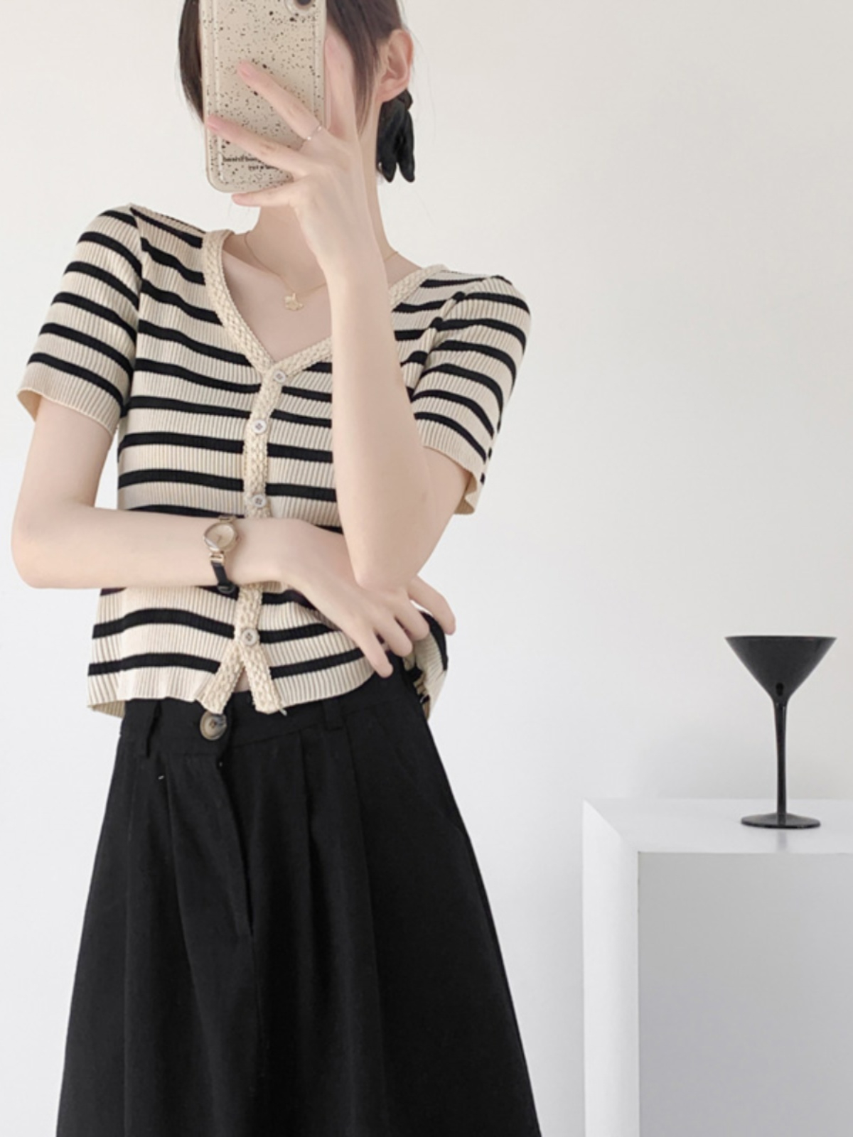 Summer women's thin ice silk knitted cardigan short-sleeved striped student V-neck top with skirt short T-shirt