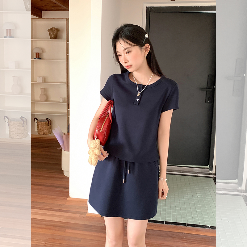 Real photo of college style round neck short sleeve shoulder T-shirt sports style loose casual women's summer new pure cotton top