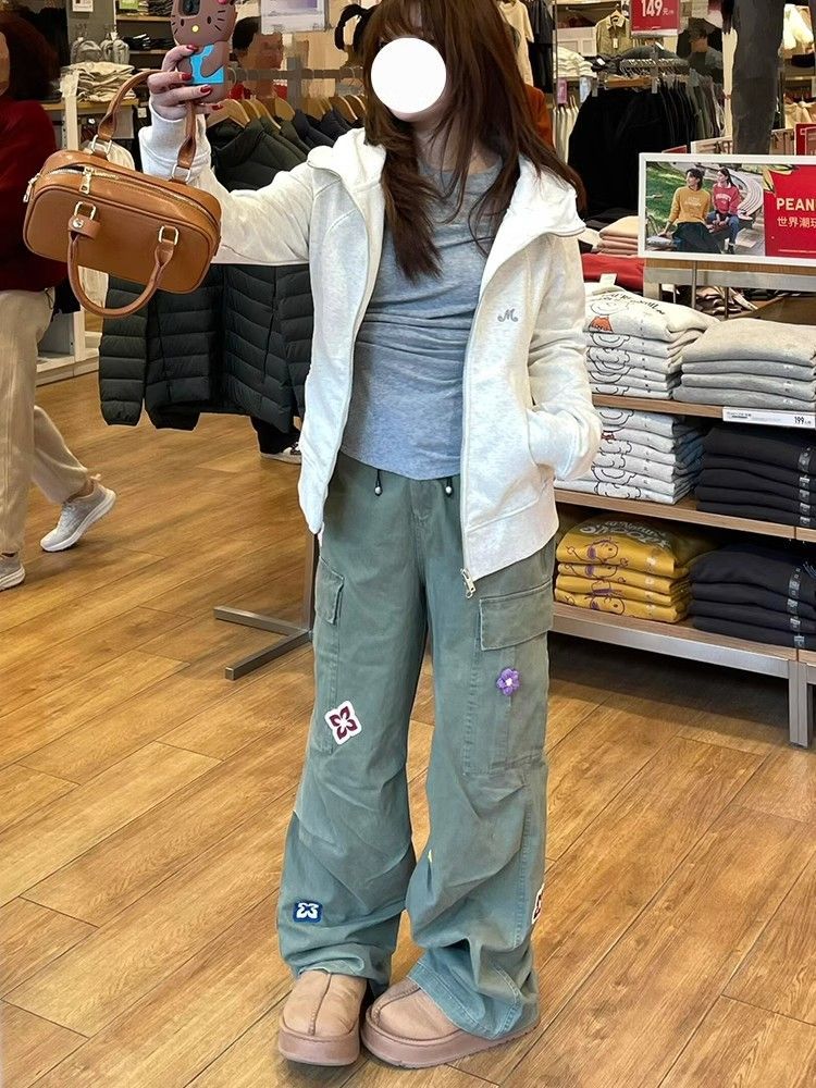 High-end floral patch design workwear jeans for women's spring new loose slim straight trousers