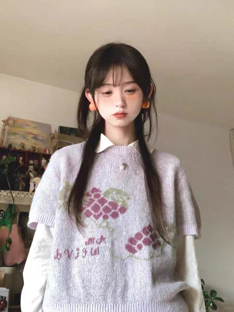 Purple grape jacquard round neck short-sleeved knitted sweater for women in spring dressing college style slim short top
