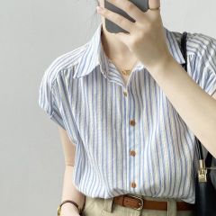 Original fabric French temperament small flying sleeve striped short-sleeved shirt for women in summer high-end loose shirt