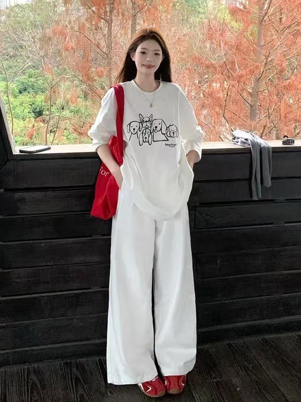 Pure cotton Korean ins Japanese white elastic waist straight wide-leg work pants loose casual pants men and women trendy