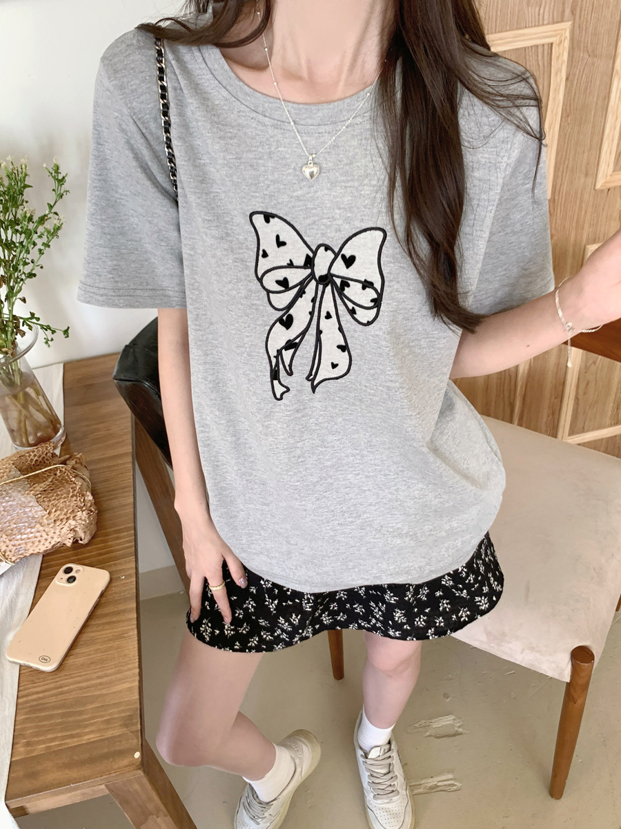 Pure cotton age-reducing sweet love bow patch short-sleeved T-shirt for women loose slimming base top