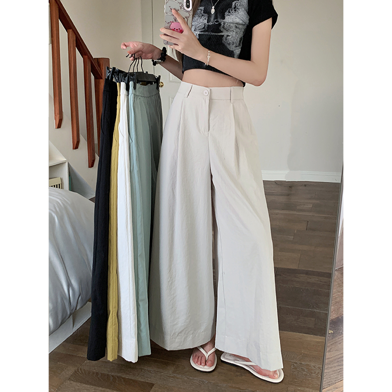 Real shot!  2025 new solid color elastic waist casual pants for women loose nine-point wide-leg pants