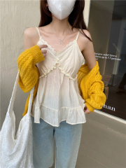 Real photo casual gentle suit sexy lace suspender vest women's spring long-sleeved knitted cardigan two-piece set