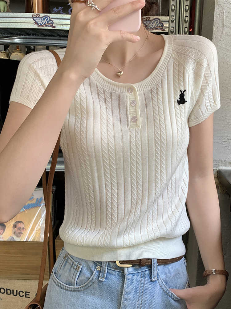 Summer Korean style design embroidered wool short-sleeved sweater for female hot girl pure style and style versatile top