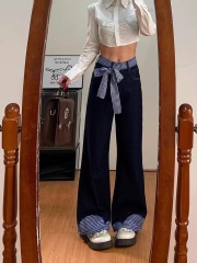 Korean American retro bow strap plaid spliced ​​jeans for women in summer design high waist wide-leg pants
