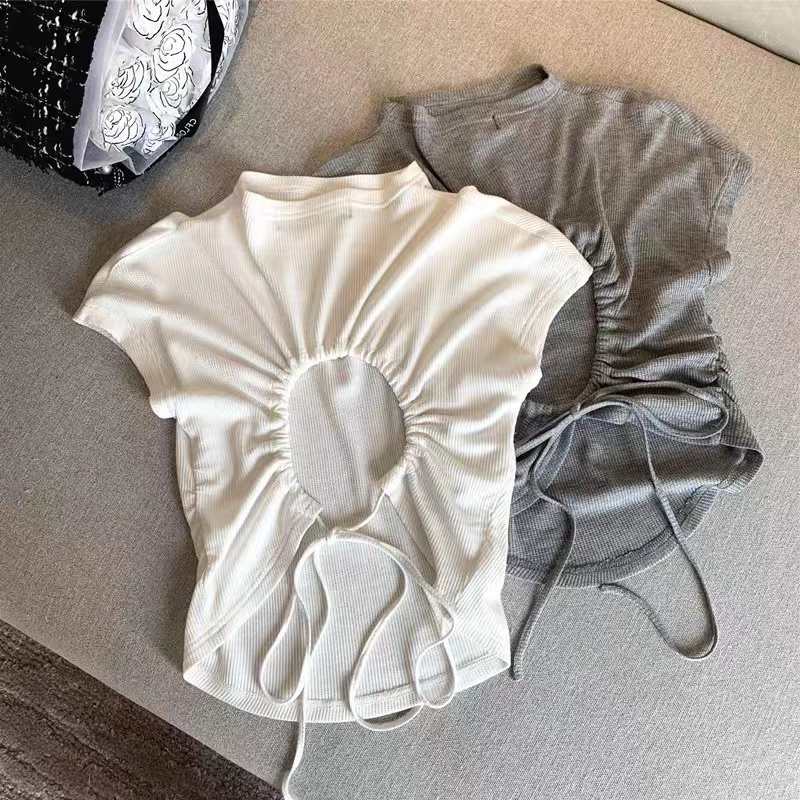 Waffle sleeveless T-shirt for women pure backless mature style short top