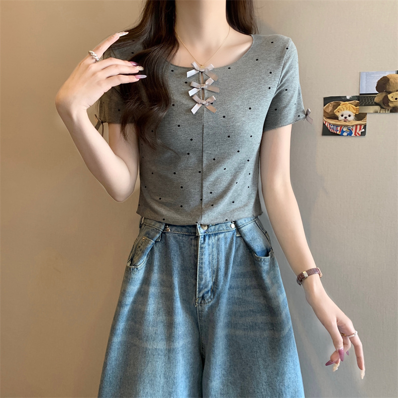 實拍 甜美波點蝴蝶結設計感短袖T恤女裝夏季短款修身別致上衣