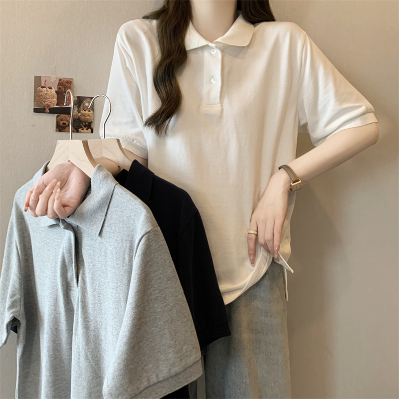 Real photo of pearl-ground Polo neck short-sleeved T-shirt for women in summer Korean style loose slim design niche button top trendy